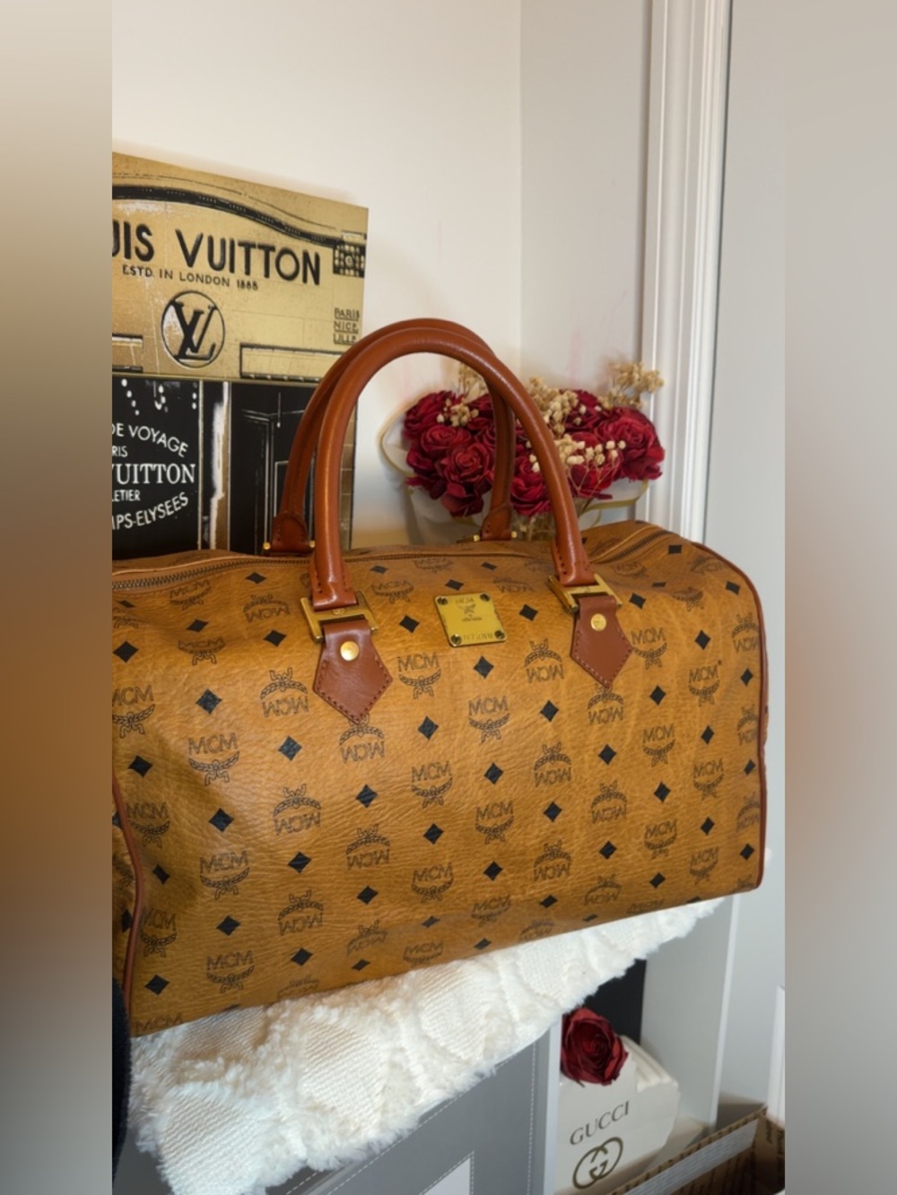 MCM Cognac Visetos Leather Boston Bag